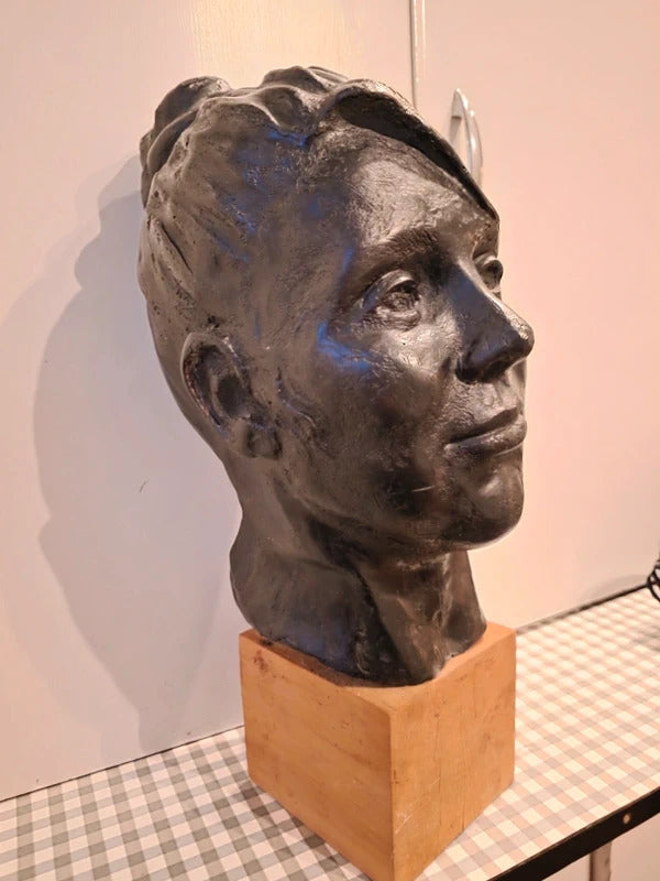 Vintage 1960s 1970s Large Life-Size Head Sculpture on Wooden Plinth – Faux Bronze Finish