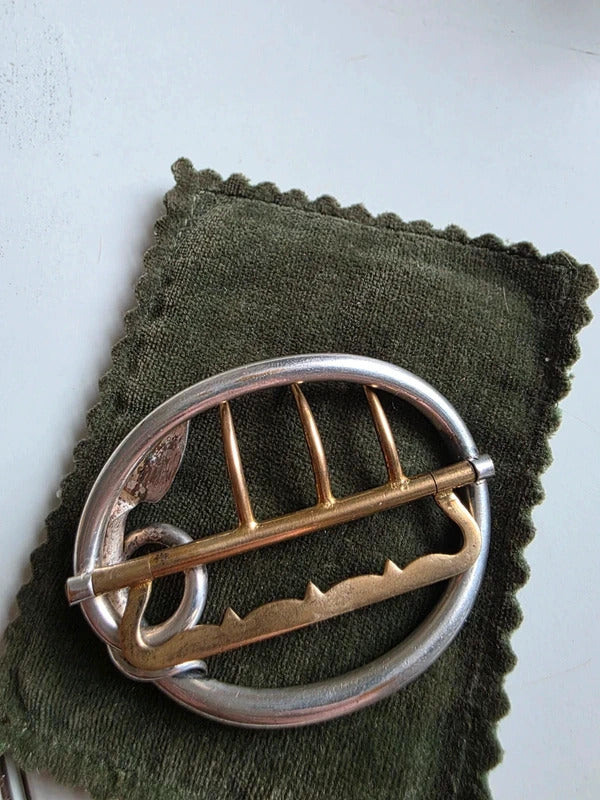 Antique 1920s Art Deco Silver & Brass Snake Belt Buckle with Turquoise Cabochon