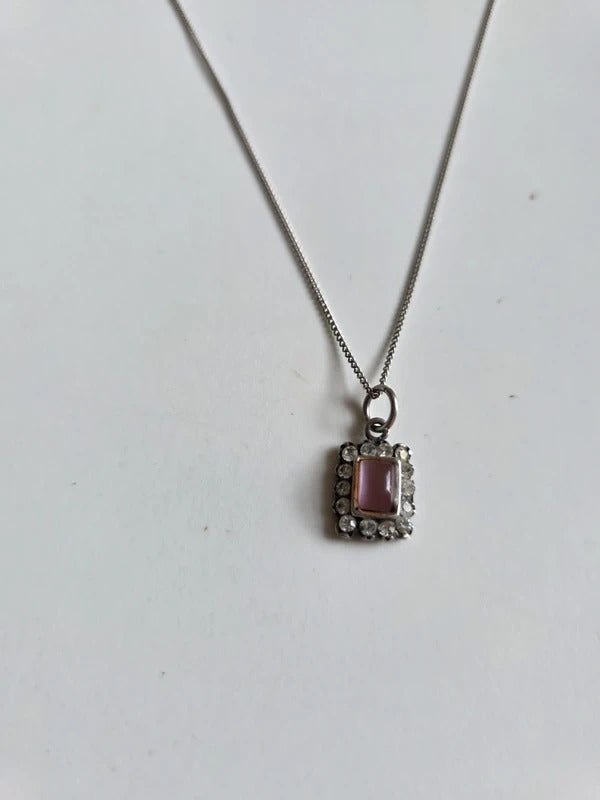Original Art Deco Pink Glass & Rhinestone Pendant Necklace
