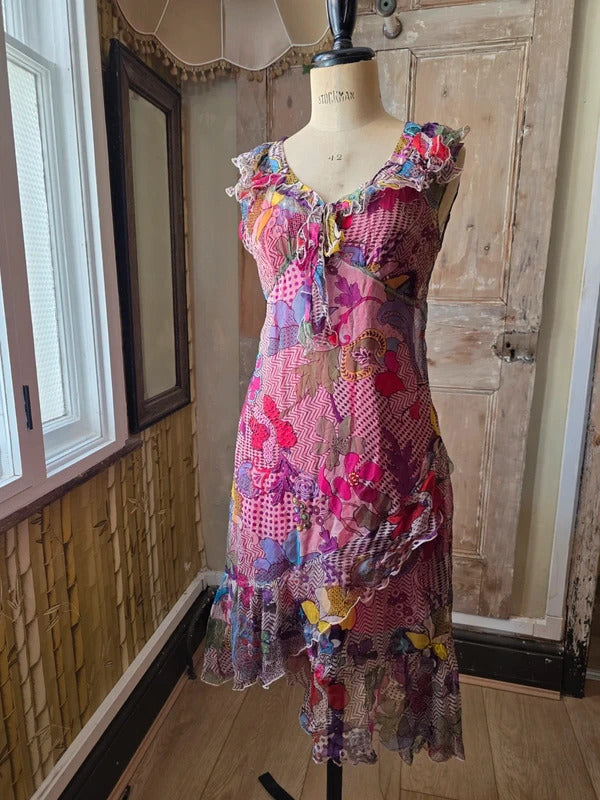 Vintage Y2K Silk Beaded Dress | Floral | fairycore | Bust 38"