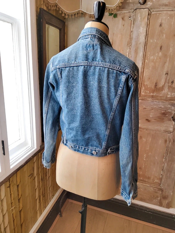 Vintage Y2K Cropped Denim Jacket Green Jeans Streetwear Mid Wash Blue Size S