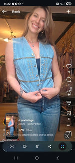 Load image into Gallery viewer, Vintage 1990s Gin Rummy fitted western Gold-Embellished Denim Waistcoat  UK 8
