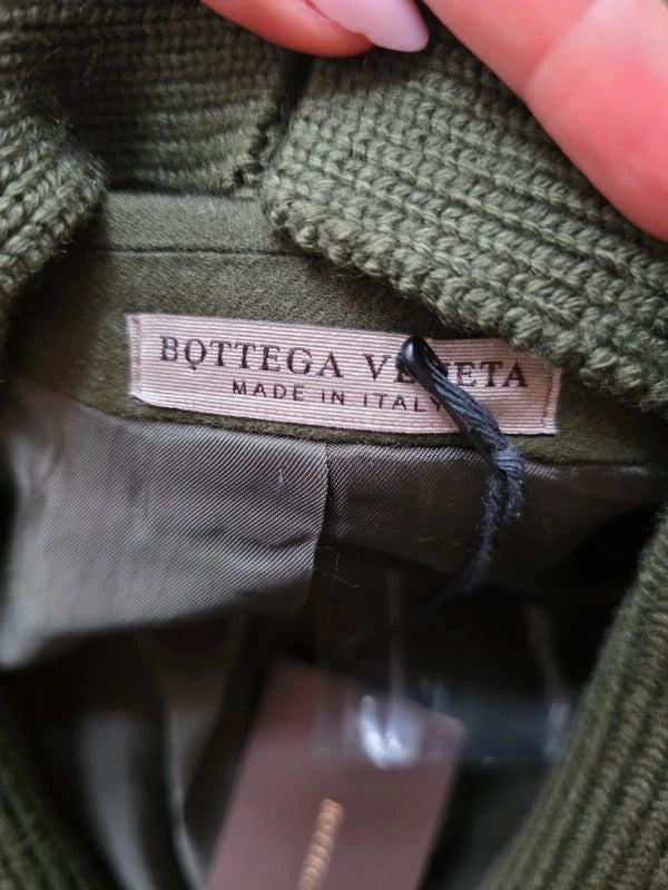 Bottega Veneta Olive Wool Blazer Detachable Ribbed Knit Shawl Collar 44"