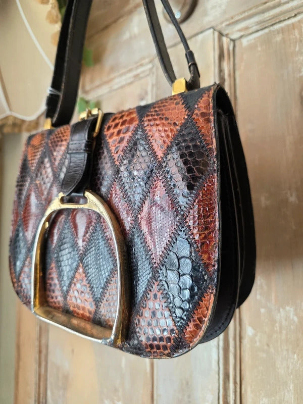 Vintage 1960s Genuine leather Patchwork Bag Stirrup Buckle