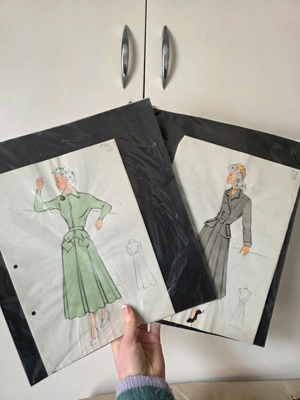 Pair of Original 1940s French Fashion Sketches (x2)