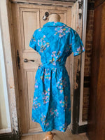 Load image into Gallery viewer, Vintage 1950s Floral Cotton Dress Turquoise Blue Peter Pan Collar – UK 10/12
