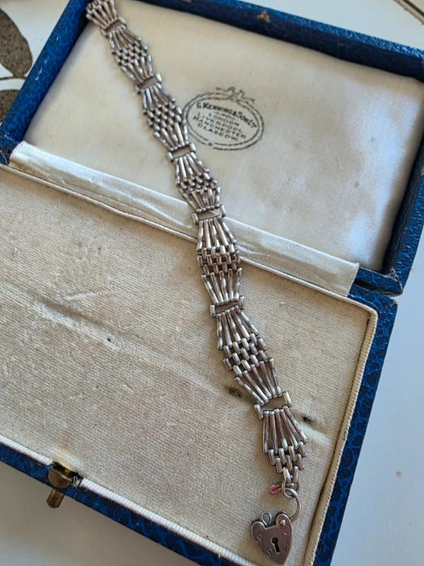 Vintage Sterling Silver Gate Charm Bracelet with Heart Padlock Clasp