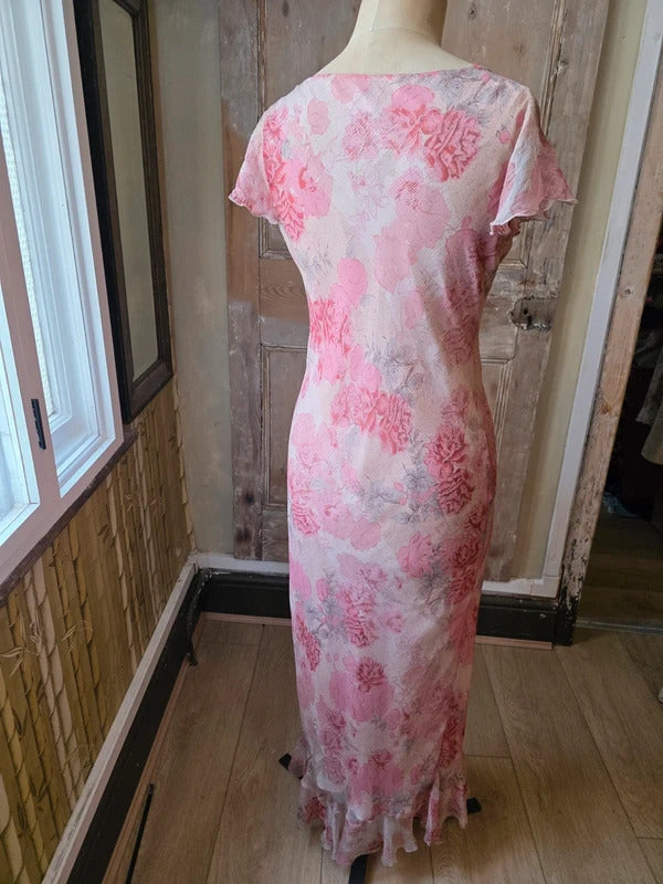 Vintage Y2K fairycore Monsoon Silk Floral Maxi Dress | Bias Cut Cottagecore Gown | UK 14/16