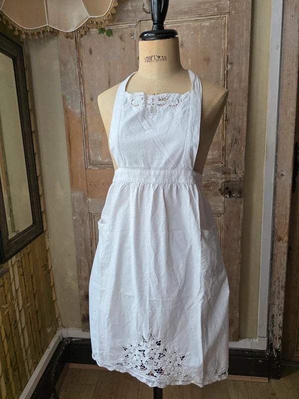 Antique 1920s White Cotton and Lace Apron Pinafore