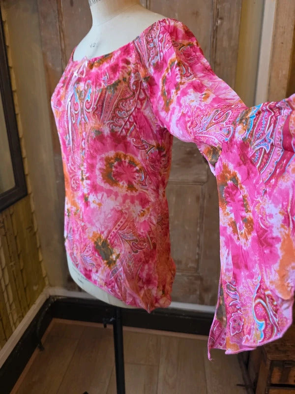 Original Y2K Italian Pink Paisley Tie-Dye Bell-Sleeve Blouse  UK 8/10