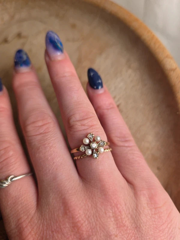 Antique Edwardian 9ct Gold Diamond Pearl Cross Ring Circa 1901-1914 Size Q