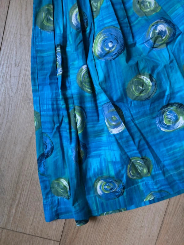 Vintage 1950s Abstract Print Cotton Pleated Skirt | Atomic Mid Century | Blue & Green | UK6