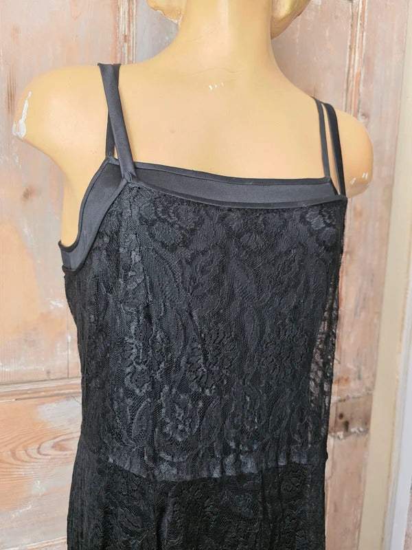 Antique Vintage 1930s Black Satin and Lace Gown Maxi