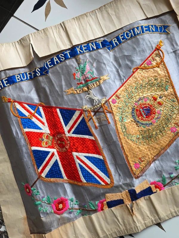 Antique WW1 silk embroidery The Buffs (Royal East Kent Regiment) Silk Regimental Panel