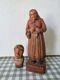Vintage Hand Carved Folk Art Wooden Figures – Peasant Woman & Novelty Head