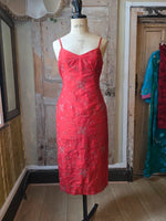 Load image into Gallery viewer, Vintage Y2K Red Silk Embroidered Wiggle Dress | 1950s Pinup Dress | UK 12
