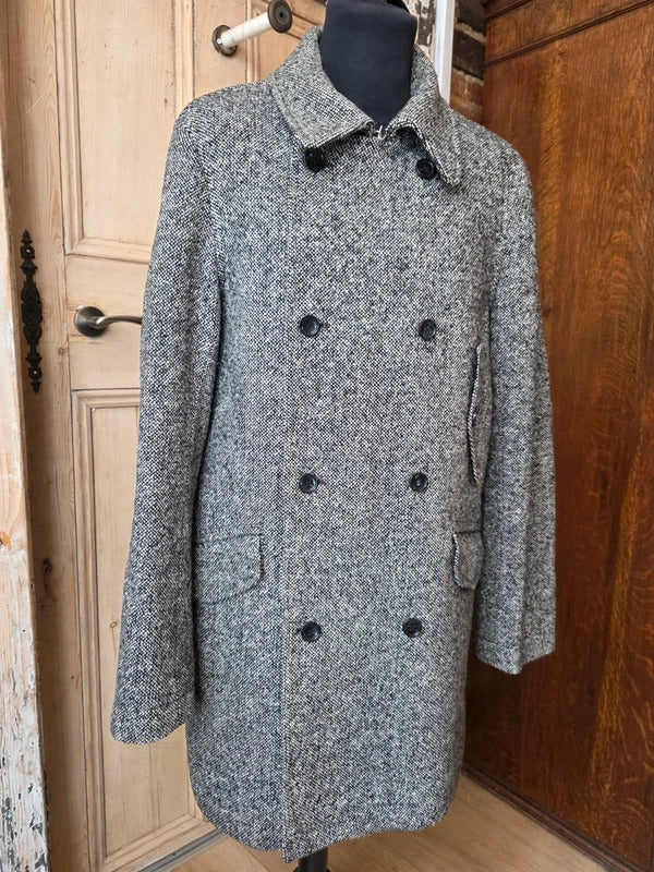 Tommy Hilfiger Wool Blend Coat – Grey Herringbone Double Breasted Jacket – Size L