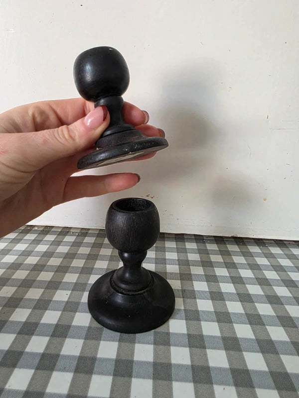 Vintage Hand Turned Wooden Candlesticks – Pair (Ebonised Wood)