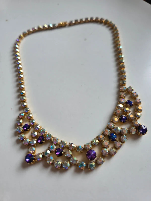 Vintage 1950s Aurora Borealis & Purple Rhinestone Necklace