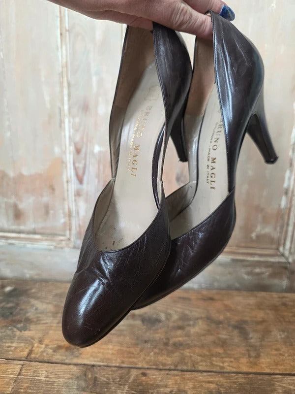 Vintage Bruno Magli Dark Brown Leather Court Shoes – Made in Italy – UK 4.5 – Classic Designer Heels