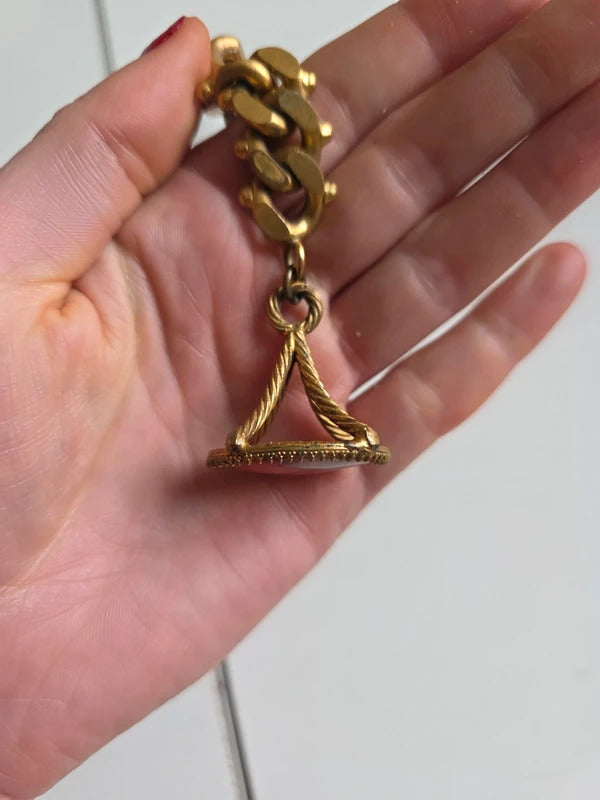 Vintage 1970s Gold Tone Chunky Curb Chain with Banded Agate Fob Charm