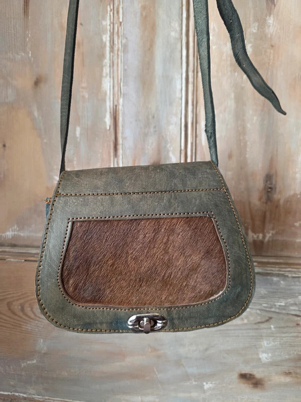 Handmade Grey Leather Shoulder Bag Hide Panel Rustic Boho Crossbody