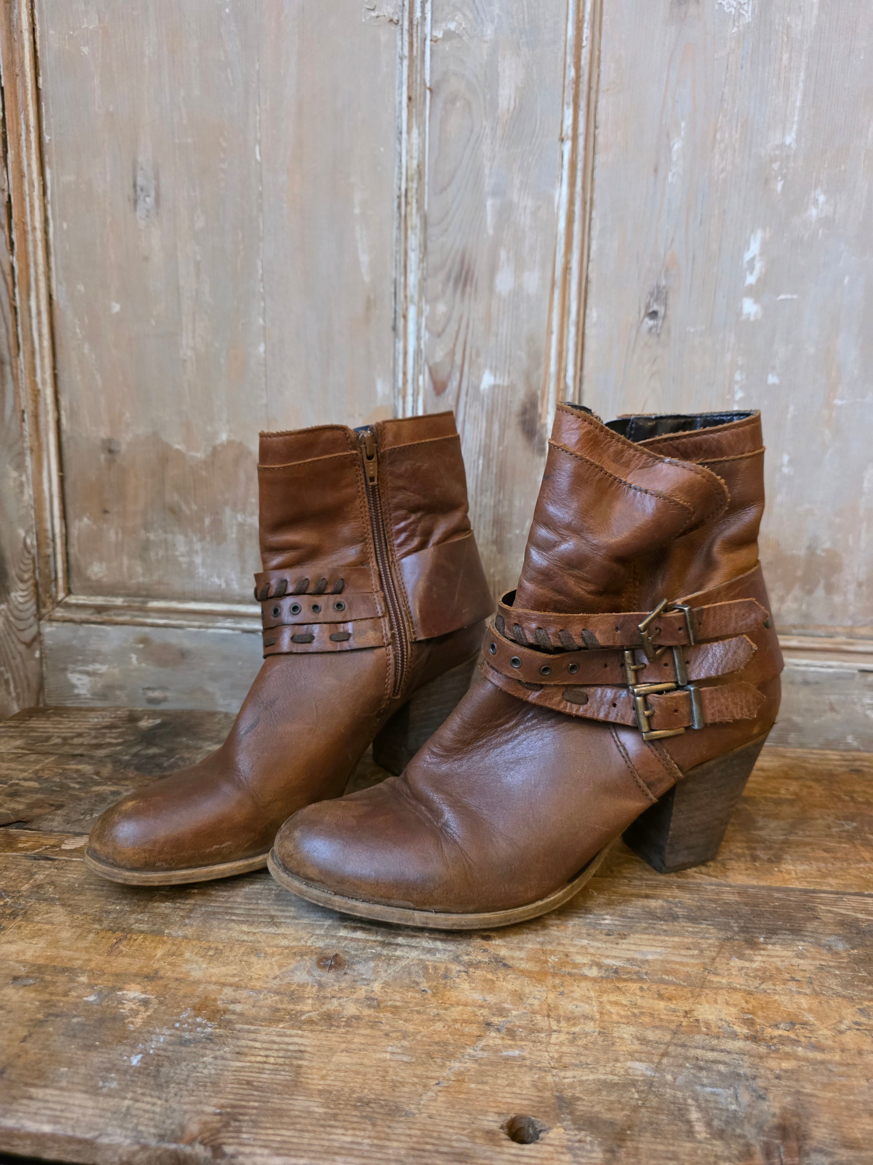Vintage Y2K Western Style Ankle Boots UK Size 6 Leather Chunky Heel Retro 2000s