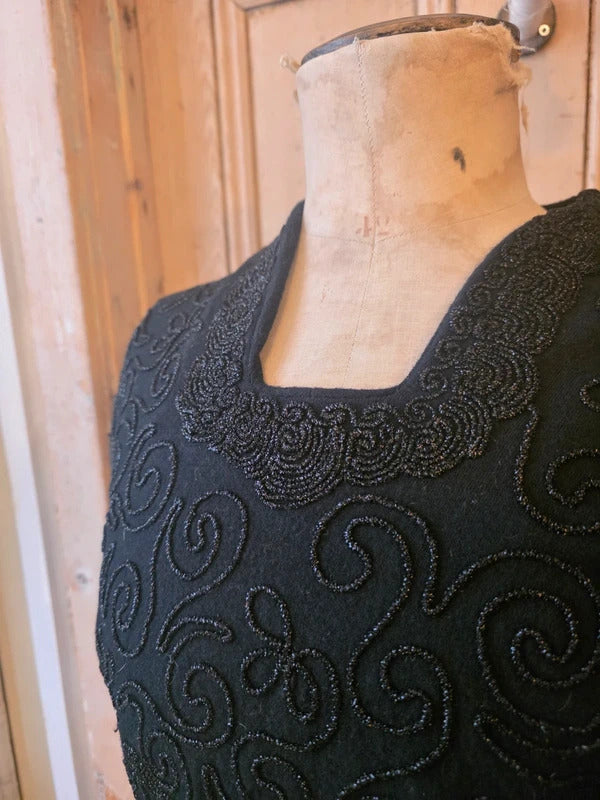 Vintage 1940s CC41 Black Beaded Sweater – Utility Label, Embellished Knit Top