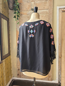 Vintage Biba Aztec Embroidered Beaded Top with Fringe Sleeves – Size 16