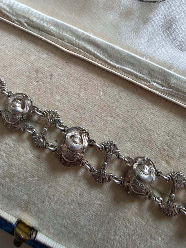 Vintage Egyptian Revival Solid Silver Scarab Bracelet