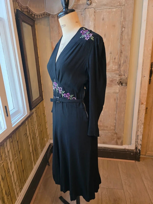 Vintage 1930s Black Crepe Dress Floral Embroidery Wrap Neckline Make Do And Mend UK 12