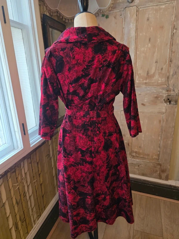 Vintage 1950s Red Black Corduroy Dress Abstract Rose Print Full Skirt UK 16