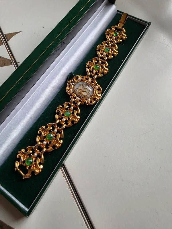 Vintage Mid-Century Gold-Tone Costume Bracelet with Green & Faux Pearl Details