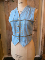 Load image into Gallery viewer, Vintage 1990s Gin Rummy fitted western Gold-Embellished Denim Waistcoat  UK 8
