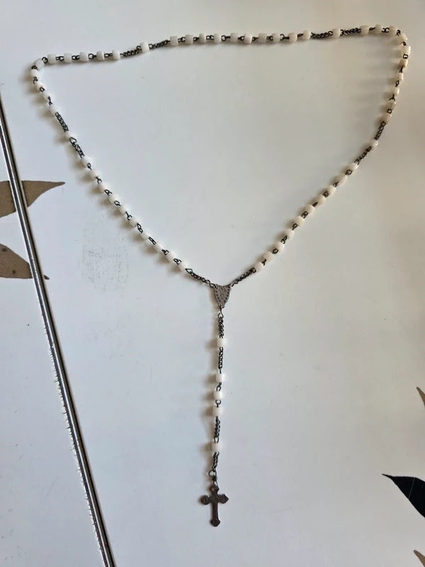 Vintage Milk Glass Rosary Necklace c.1930s–1940s