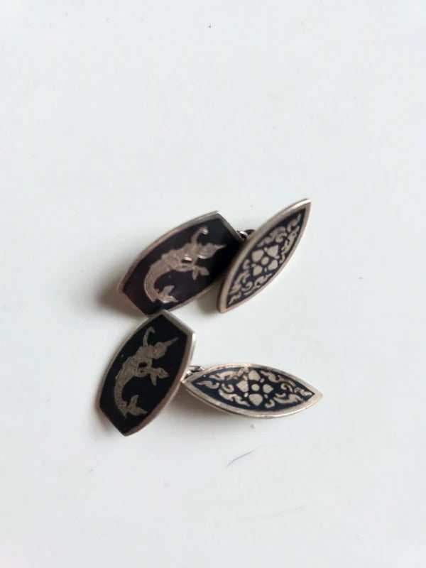 1930s Vintage Siam Silver Niello Cufflinks with Mythical Figure