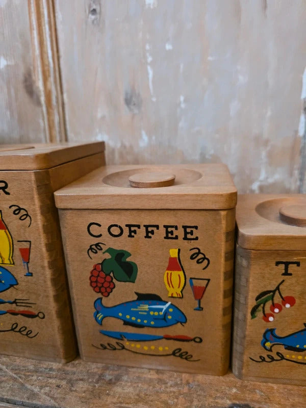 Vintage 1940s–1950s Hand-Painted Kitchen Canister Set (Flour, Sugar, Coffee, Tea)