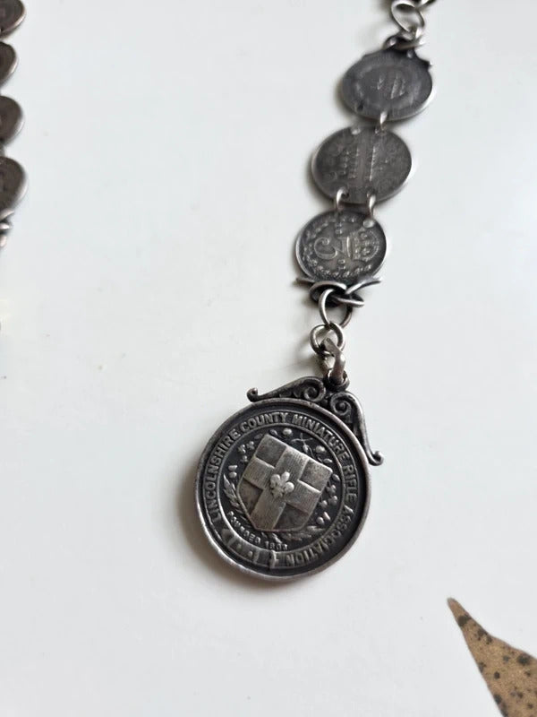 Antique Sterling Silver Coin Pocket Watch Chain – 1890s Coins – Hallmarked Albert Chain
