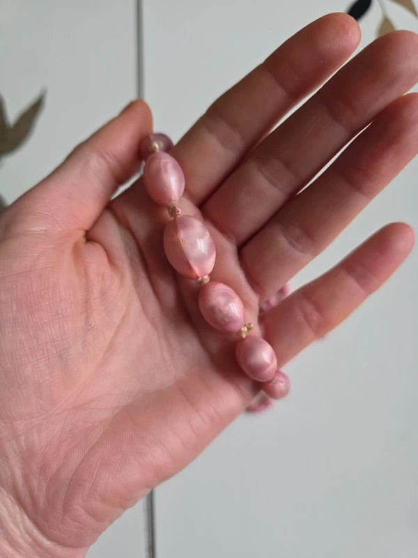 Vintage 1930s czech Mottled Pink Glass Graduated Bead Necklace – Long Strand