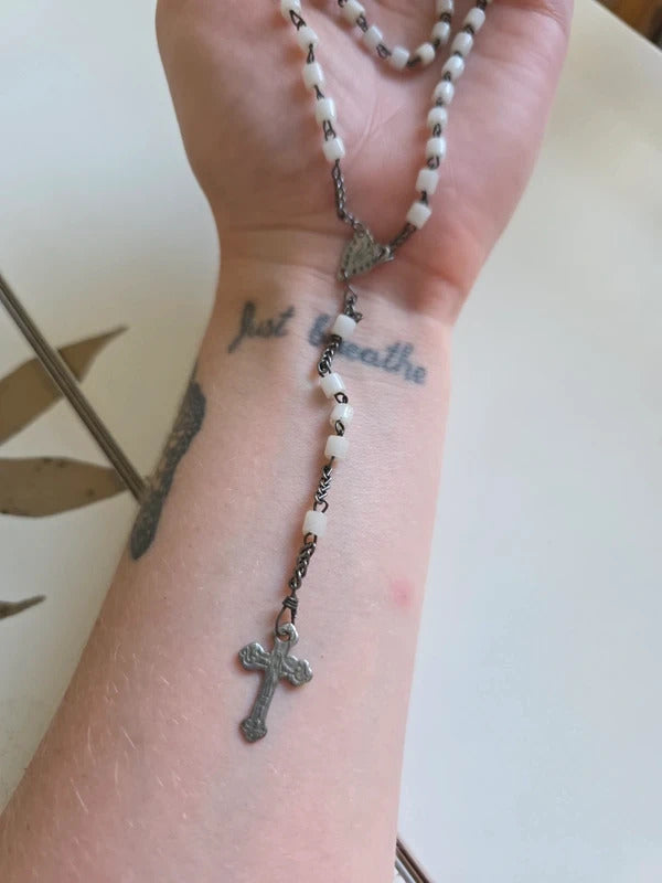 Vintage Milk Glass Rosary Necklace c.1930s–1940s