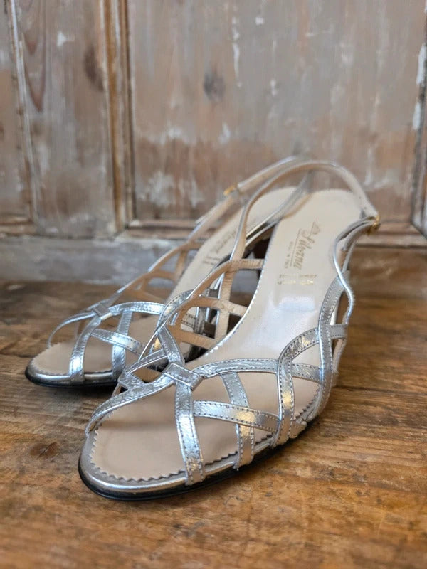 Vintage 60s Italian Silver Lamé Leather Sling Back Heels UK 4 Deadstock