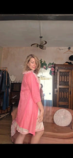 Load image into Gallery viewer, Vintage Pink Lace Peignoir Robe 1960s Sheer Negligee
