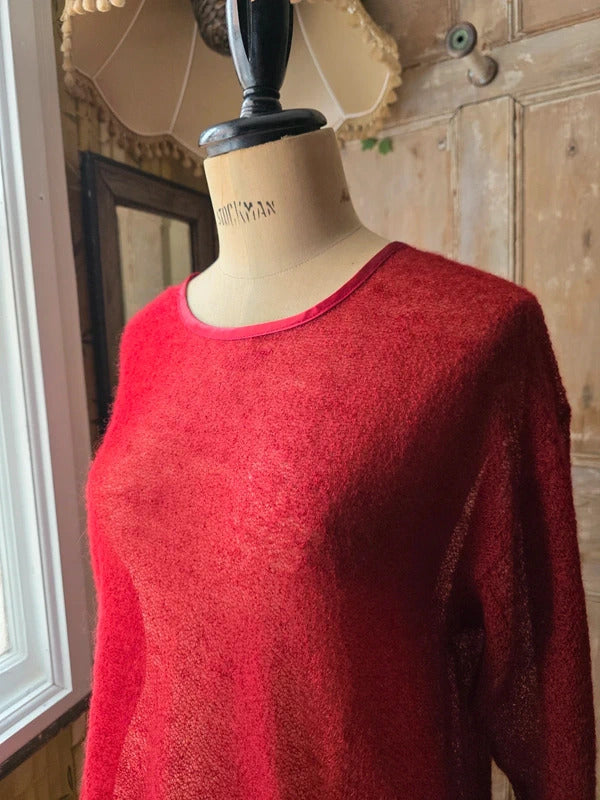 Vintage Red Italian Boucle Wool & Silk Sheer Jumper Large