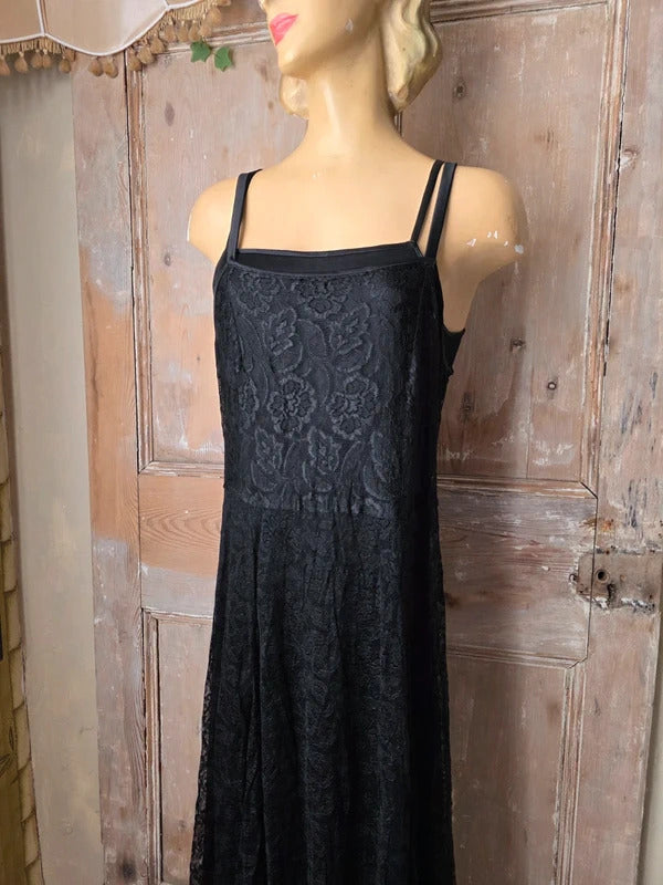 Antique Vintage 1930s Black Satin and Lace Gown Maxi