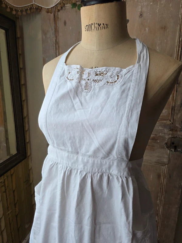 Antique 1920s White Cotton and Lace Apron Pinafore