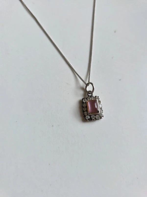 Original Art Deco Pink Glass & Rhinestone Pendant Necklace