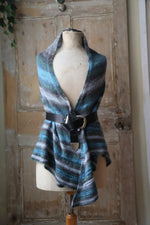 Load image into Gallery viewer, Vintage 1970s Crochet Wool Shawl – Blue Grey Striped Wrap – Boho Knit
