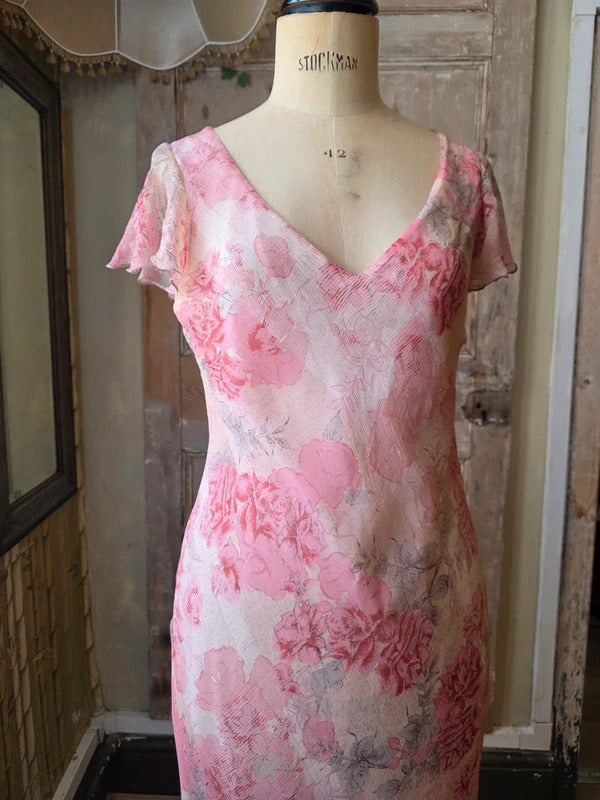 Vintage Y2K fairycore Monsoon Silk Floral Maxi Dress | Bias Cut Cottagecore Gown | UK 14/16
