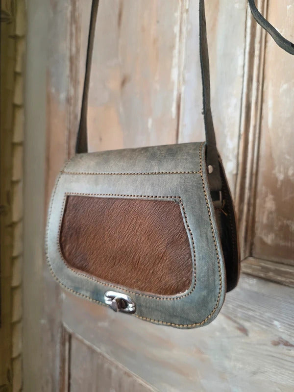 Handmade Grey Leather Shoulder Bag Hide Panel Rustic Boho Crossbody