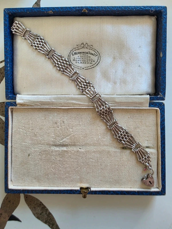 Vintage Sterling Silver Gate Charm Bracelet with Heart Padlock Clasp
